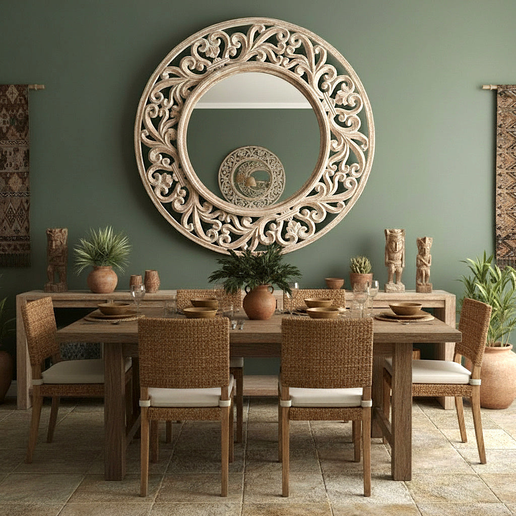 Hand Carved Mirror "Lembayung" - White Wash - 100 cm