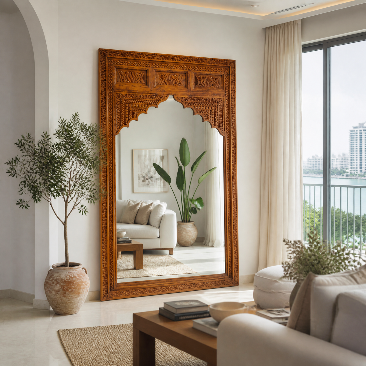 Hand Carved Wooden Mirror 'Mira' - Natural Brown - 200 x 100 cm