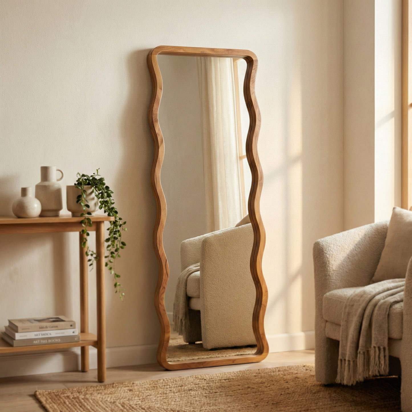 Wooden Wavy Mirror 'Ruang' - Natural -  170 x 60 cm