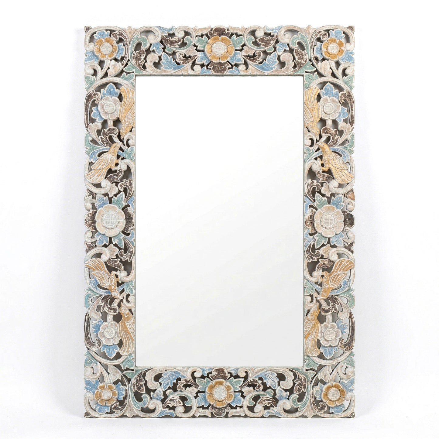 Hand Carved Mirror "Pushpa" - Blue Multicolor - 120 x 80 cm