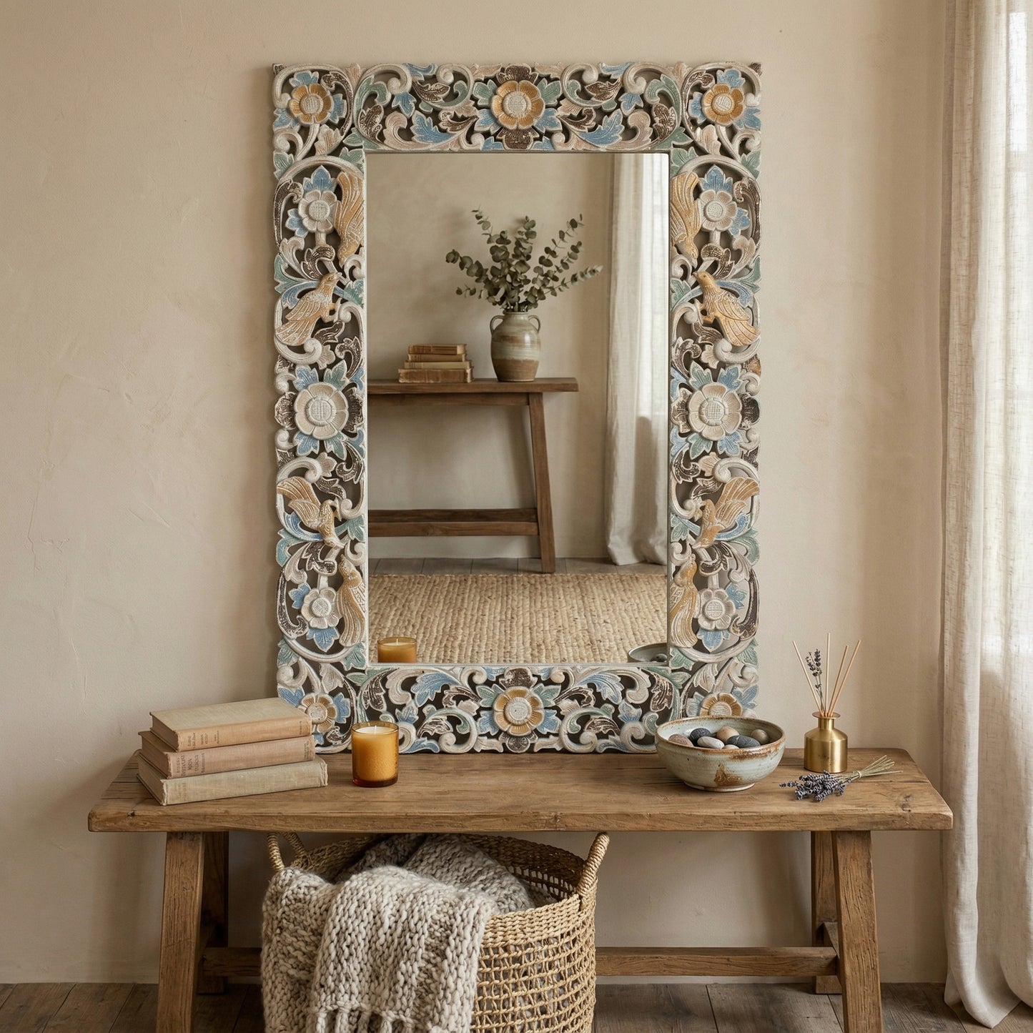 Hand Carved Mirror "Pushpa" - Blue Multicolor - 120 x 80 cm