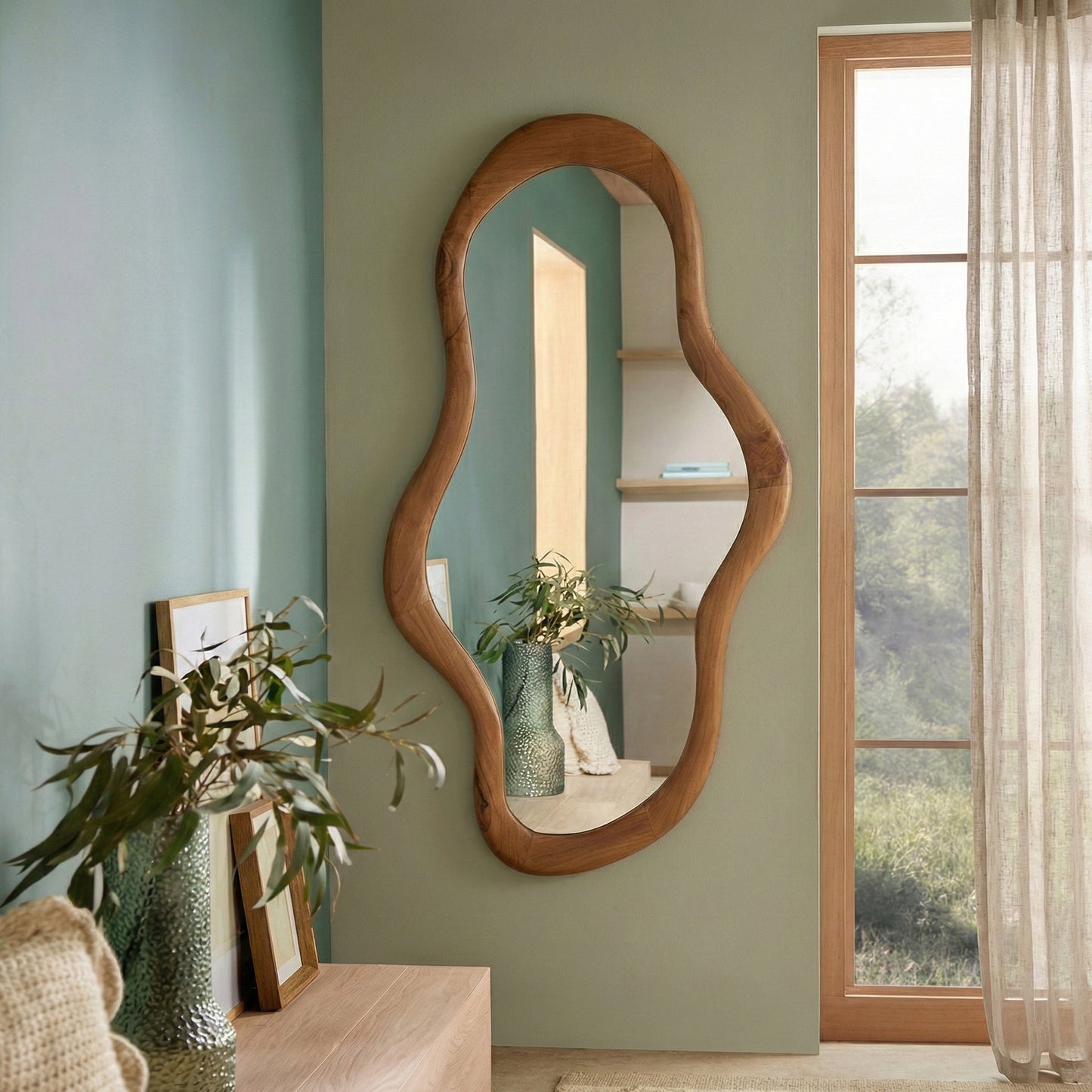 Wooden Organic Wavy Mirror 'Pagi' - Natural -  110 x 50 cm