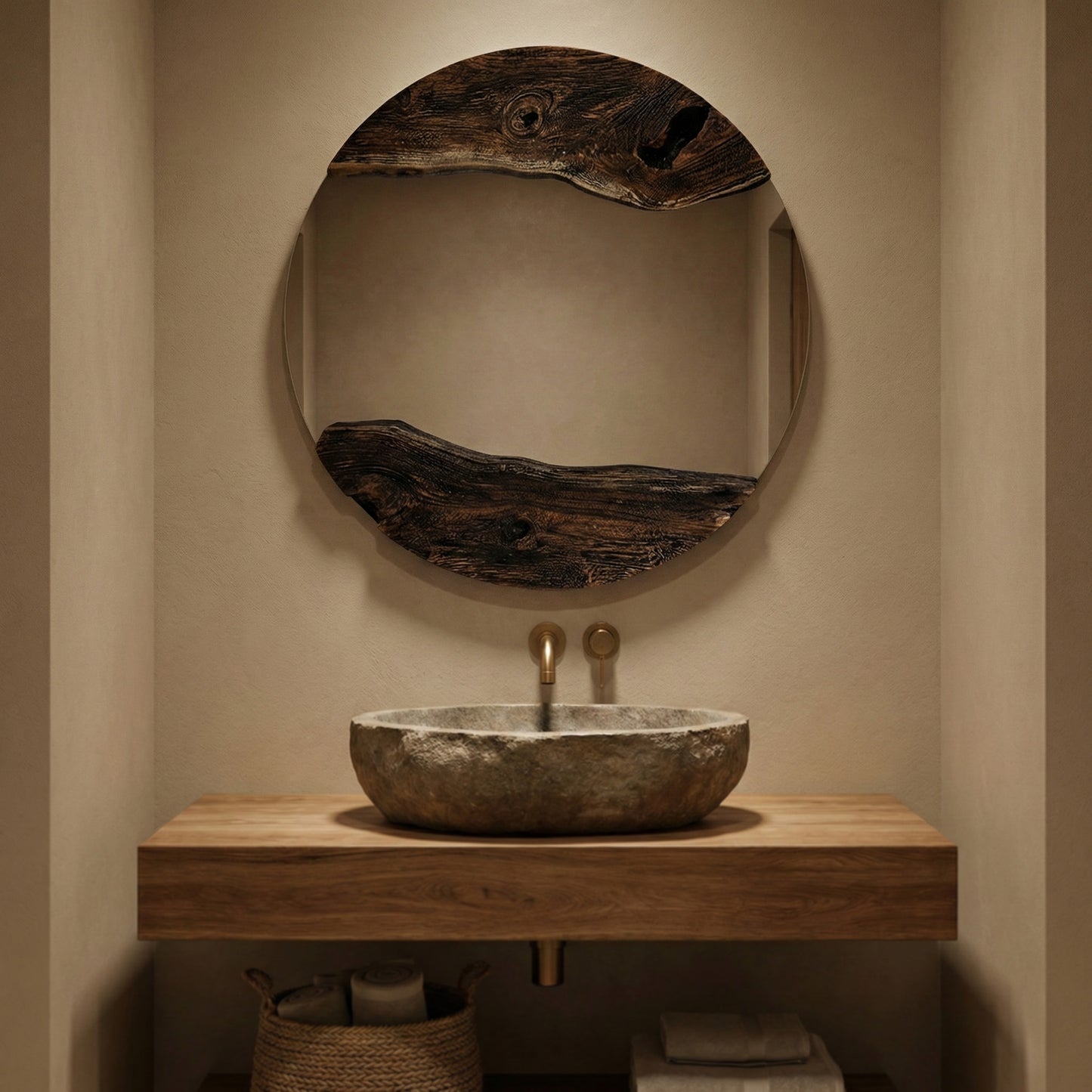 Wooden Organic Round Mirror "Tenang" - Antique Natural - 60 cm