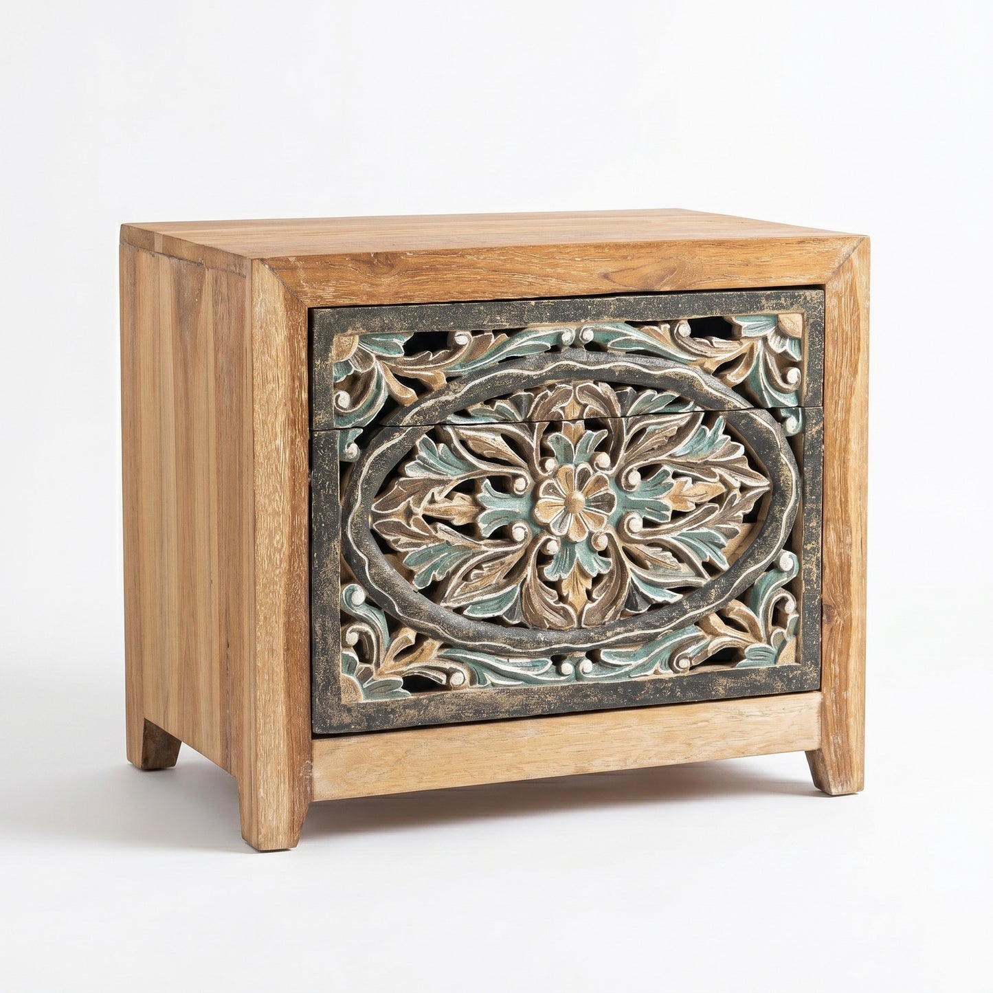 Wooden Carved Bedside Table 'Sekar' - Natural and Multicolor Blue - 50cm