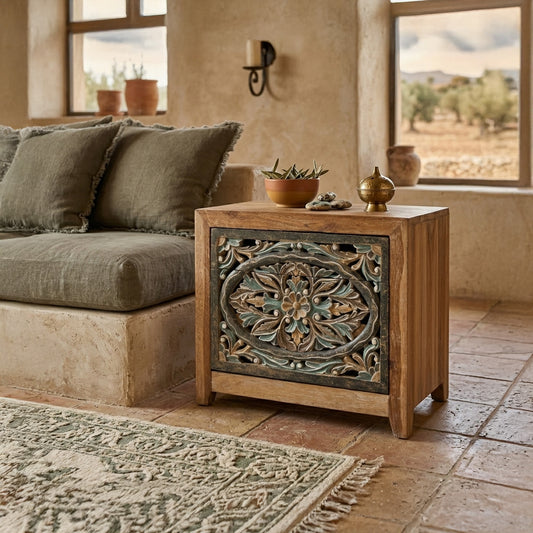 Wooden Carved Bedside Table 'Sekar' - Natural and Multicolor Blue - 50cm
