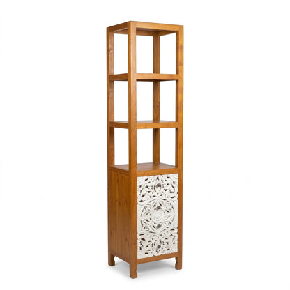 Teak Wood Hand-Carved Tall Display Shelf Cabinet with Drawers 'Mahesa' – 180 cm - Natural & White