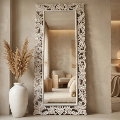 Hand Carved Mirror "Pelangi" in White Wash - 180 cm
