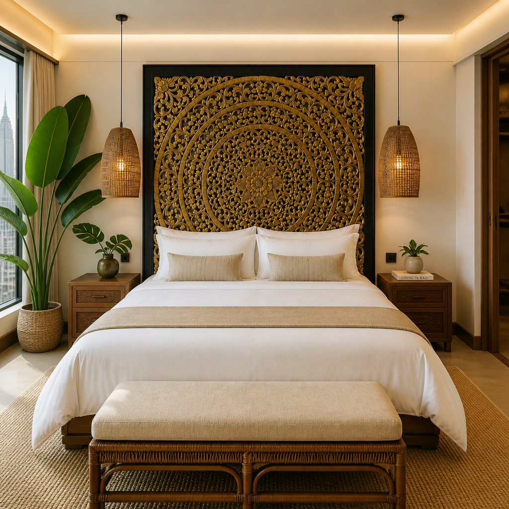 Carved Full Bed Headboard "Rampai" - Gold & Black