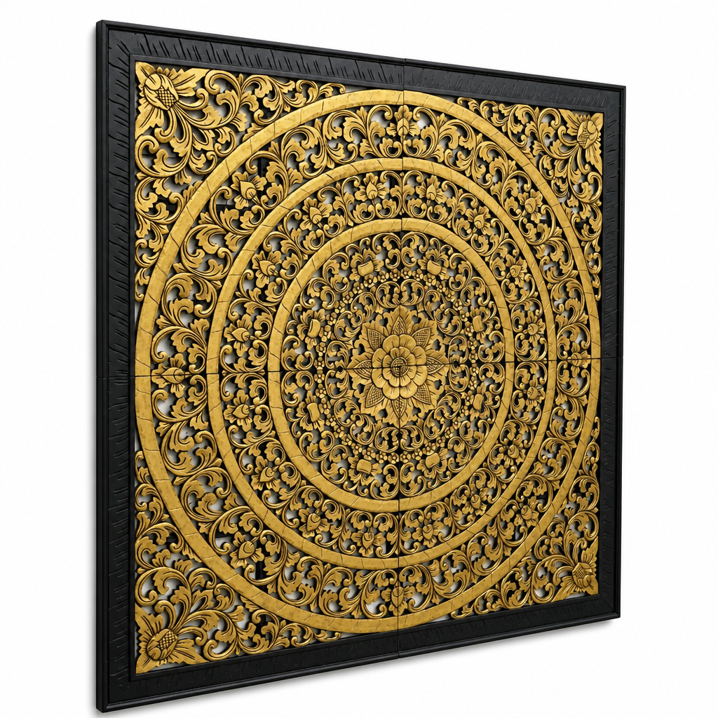 Carved Full Bed Headboard "Rampai" - Gold & Black