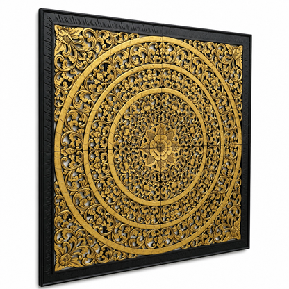 Carved Full Bed Headboard "Rampai" - Gold & Black