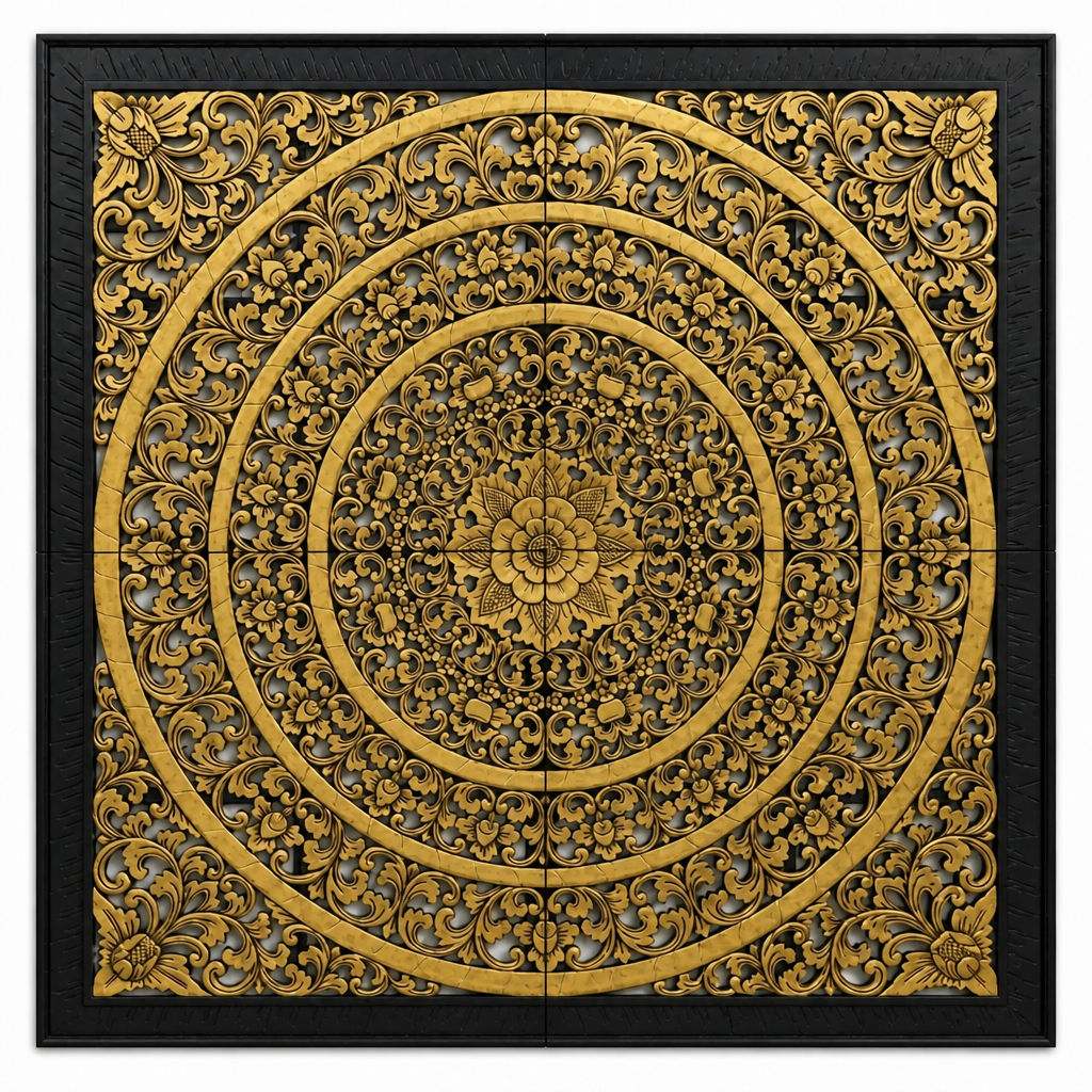 Carved Full Bed Headboard "Rampai" - Gold & Black