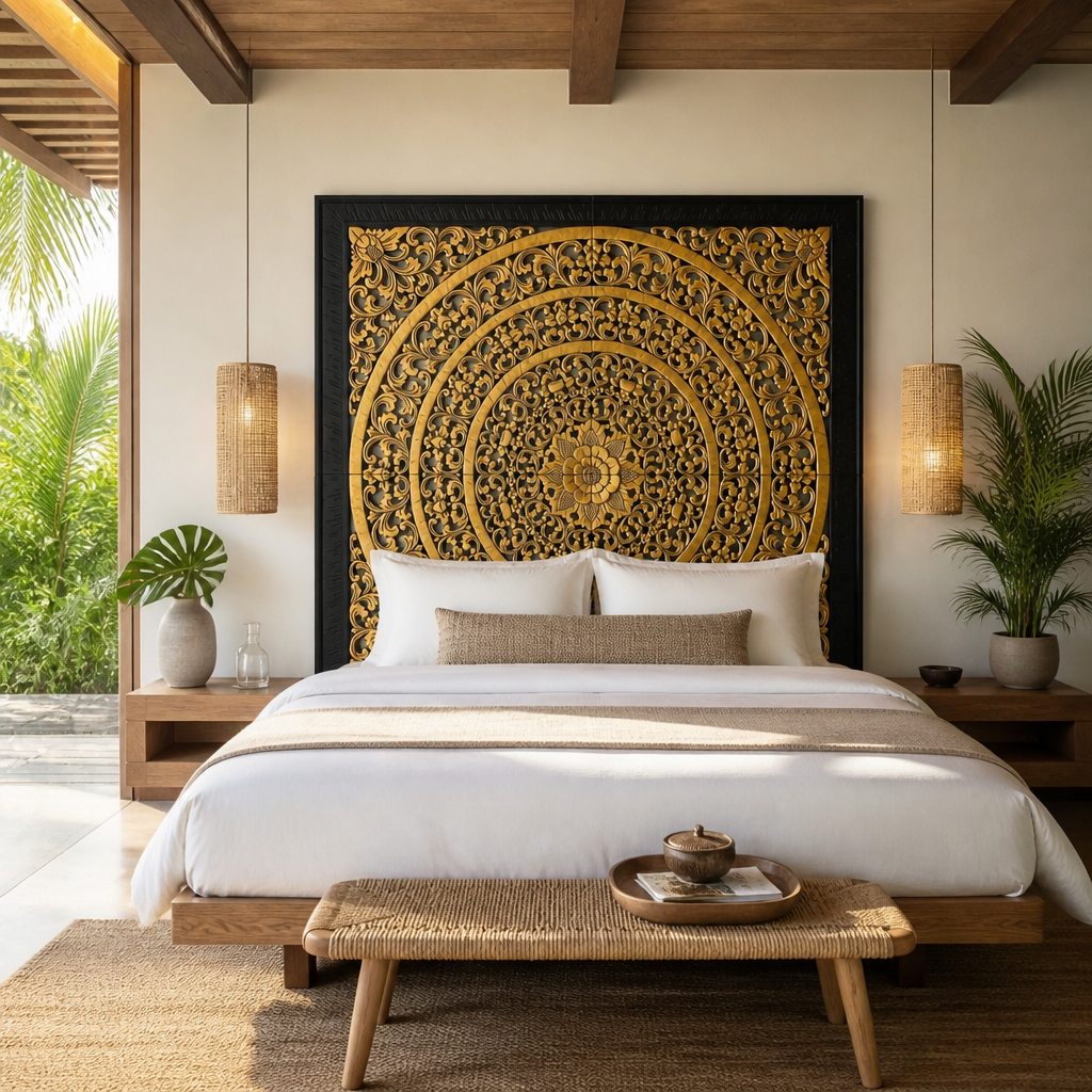 Carved Full Bed Headboard "Rampai" - Gold & Black