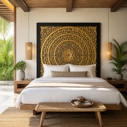 Carved Full Bed Headboard "Rampai" - Gold & Black