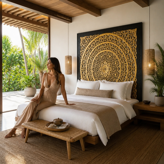 Carved Full Bed Headboard "Rampai" - Gold & Black