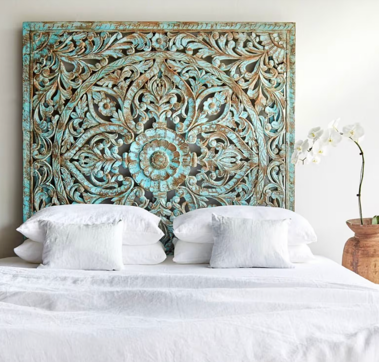 Carved Bed Headboard "Samudra" - Green Wash - Export