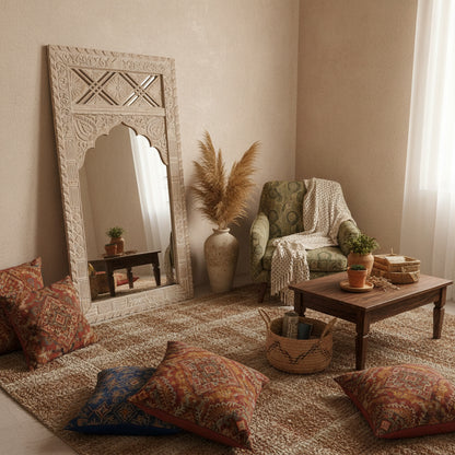 Hand Carved Wooden Mirror 'Sekarupa' - White Wash - 180 x 90 cm