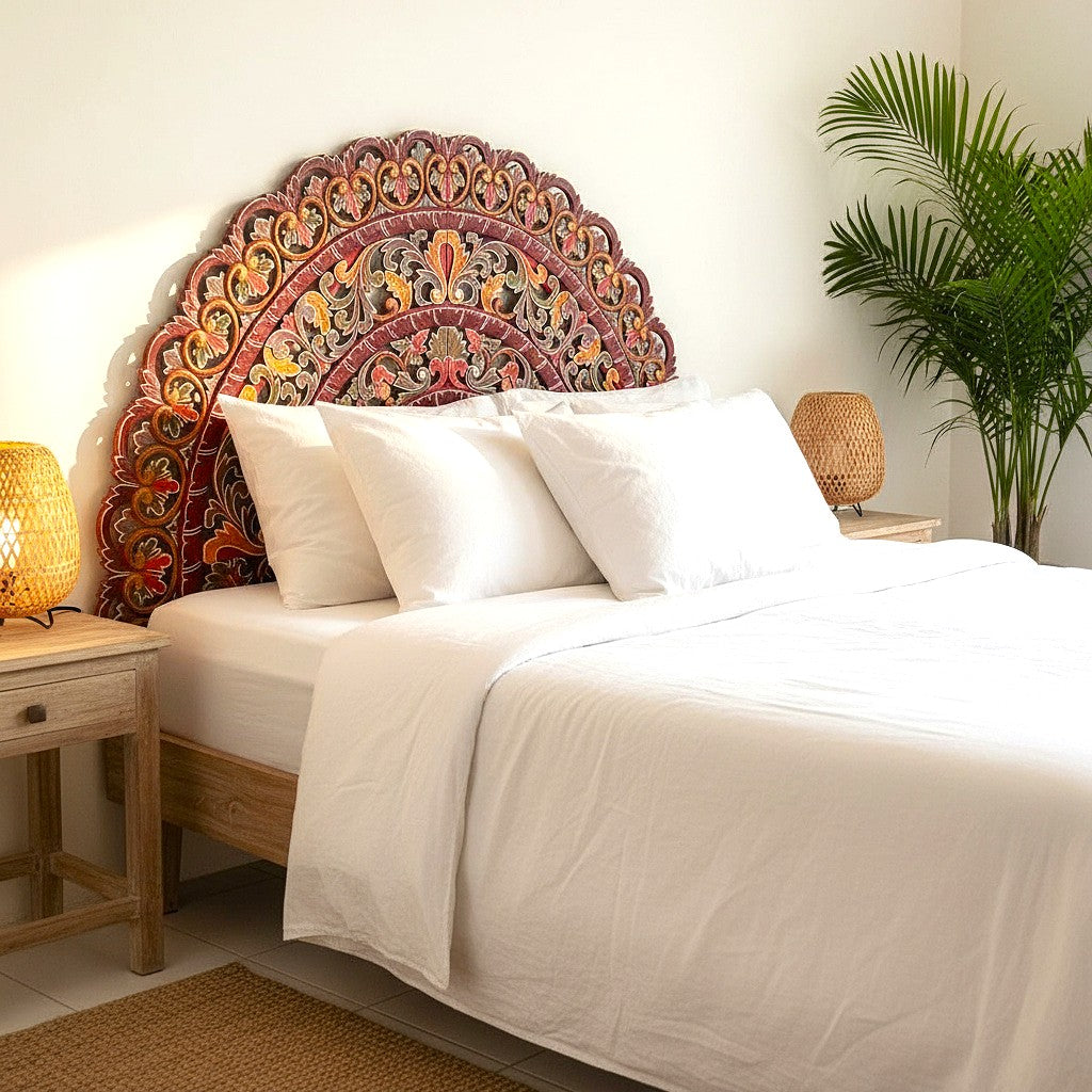 Hand Carved Half-moon Mandala Bed headboard - 'Sri' in Multi Color Red