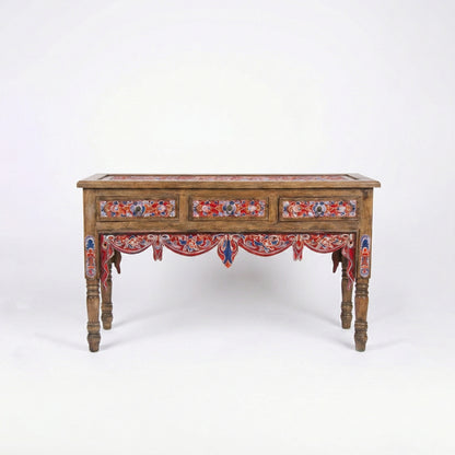 Wooden Carved Console Table "Srikandi" - Red & Blue Wash - 150 cm