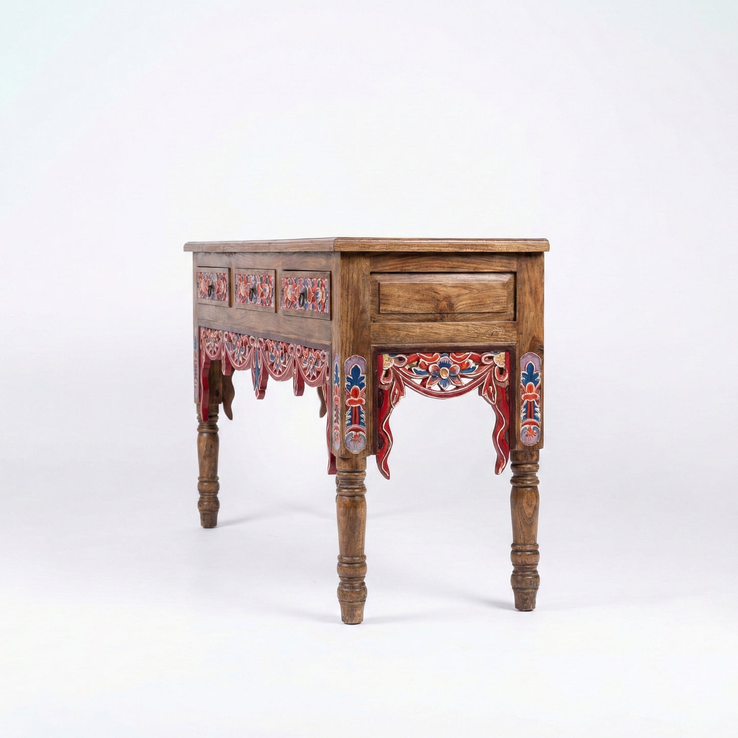 Wooden Carved Console Table "Srikandi" - Red & Blue Wash - 150 cm