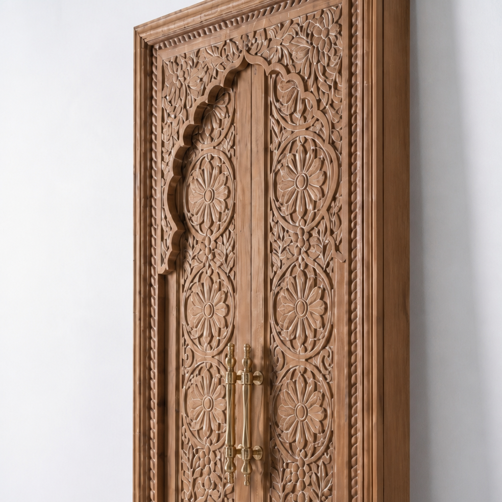 Teak Wooden Hand Carved Door 'Tirta' in Natural Wash - 213 x 90 cm