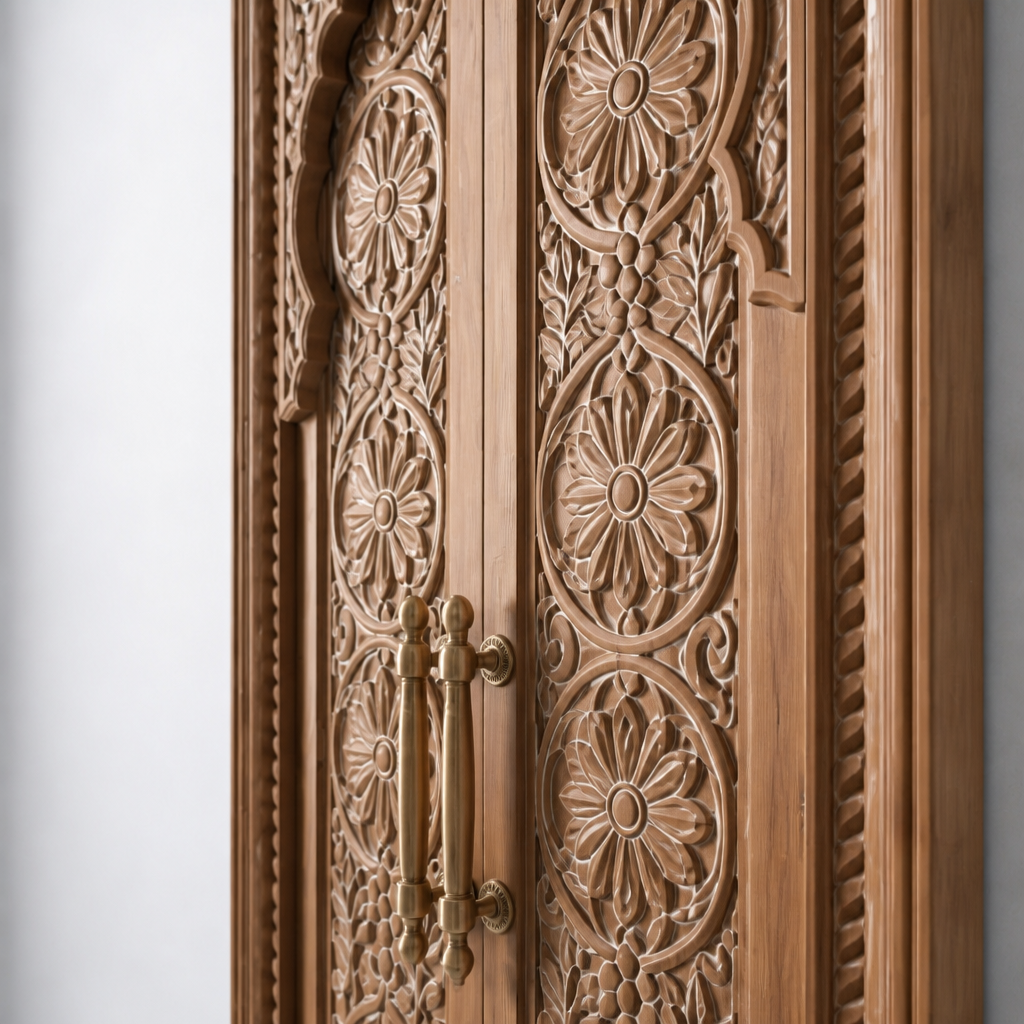 Teak Wooden Hand Carved Door 'Tirta' in Natural Wash - 213 x 90 cm