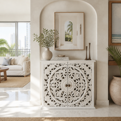 Hand-Carved Wooden Sideboard “Calyta” – White Wash Finish – 125 cm