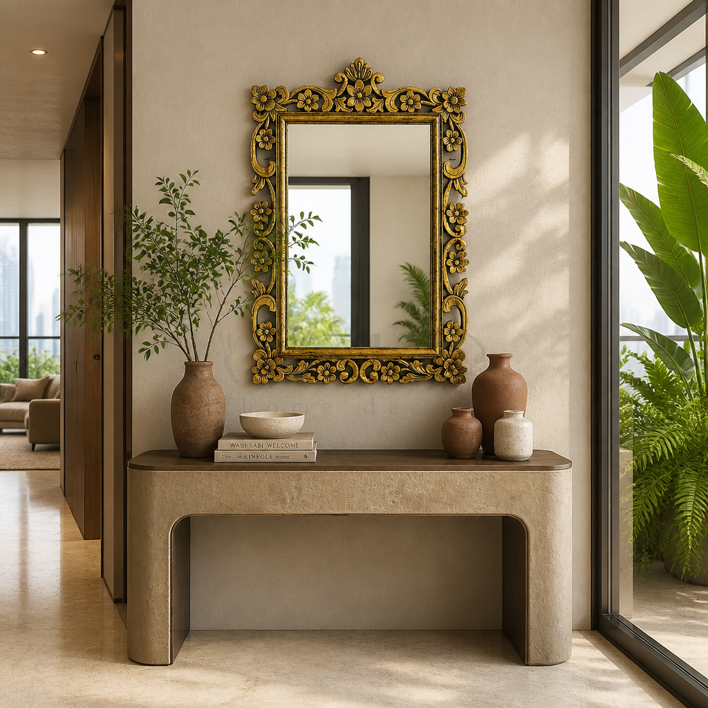 Hand Carved Mirror "Gelora" Gold Wash - 90 cm
