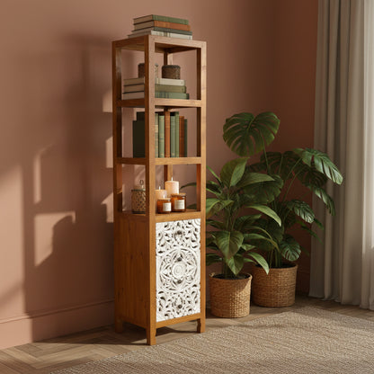 Teak Wood Hand-Carved Tall Display Shelf Cabinet with Drawers 'Mahesa' – 180 cm - Natural & White