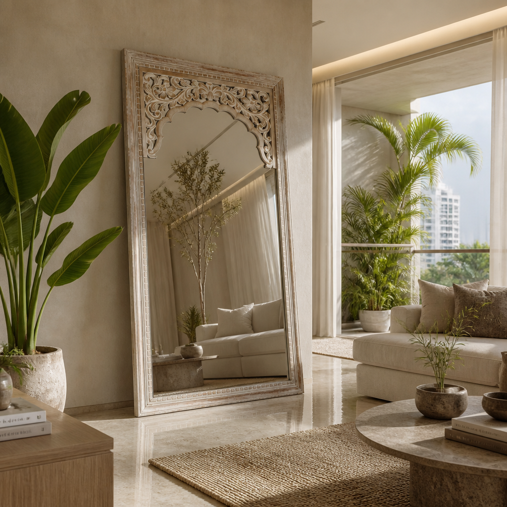 Hand Carved Mirror "Cahaya" in Antique Wash - 150 x 80 cm