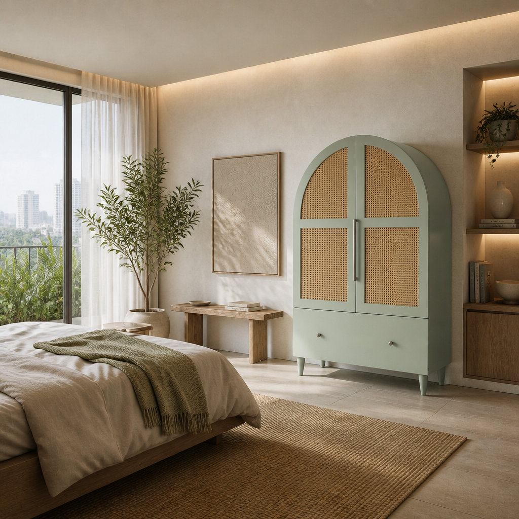 Wooden & Rattan Carved Wardrobe "Cemagi" - Sage & Natural - 200 x 100 cm