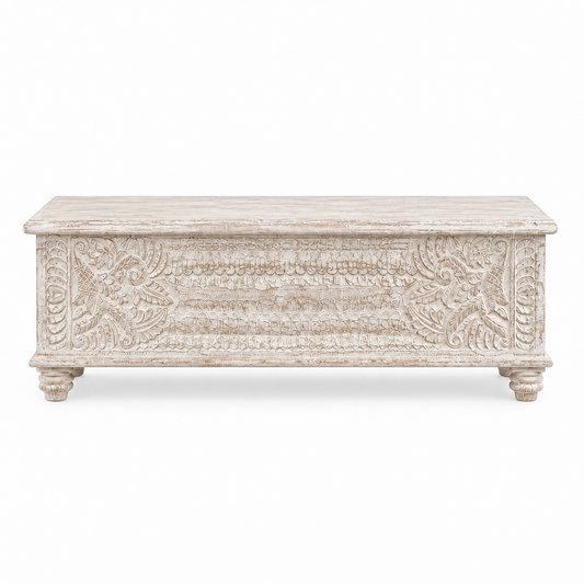 Customised Carved Wood Trunk "Victoria" - White Wash - 152 cm