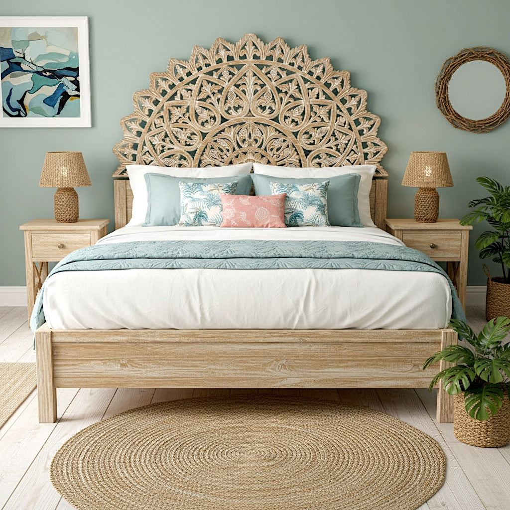 Carved Bed Headboard "Mahkota" - Antic wash