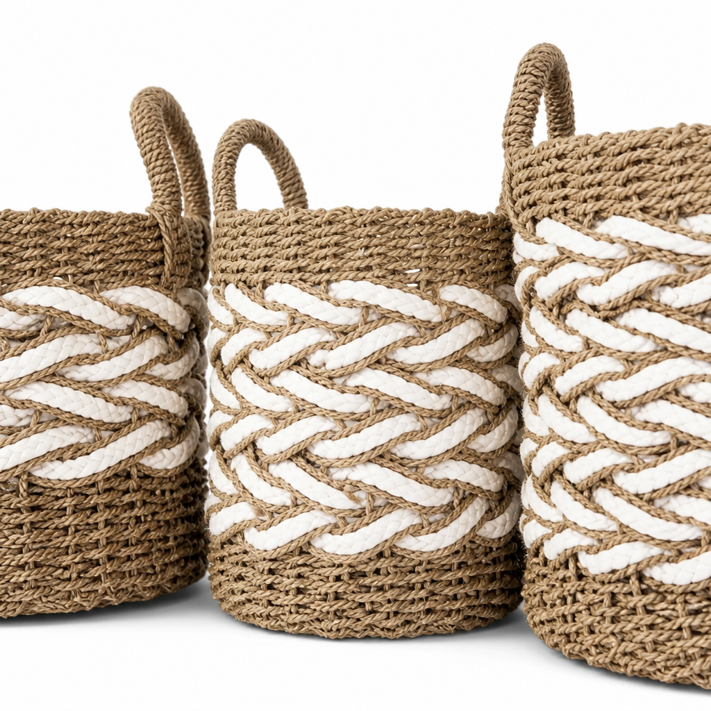 Set of 3 Baskets 'Papua' - White & Natural