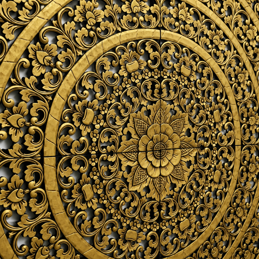 Carved Full Bed Headboard "Rampai" - Gold & Black