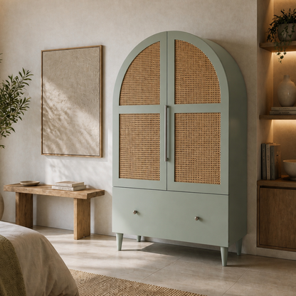 Wooden & Rattan Carved Wardrobe "Cemagi" - Sage & Natural - 200 x 100 cm