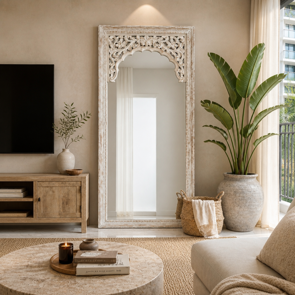 Hand Carved Mirror "Cahaya" - Antique Wash - 180 x 80 cm