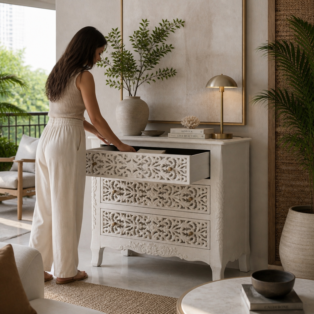 Wooden Carved Console Cabinet With Storage "Karma" - 120 x 90 cm