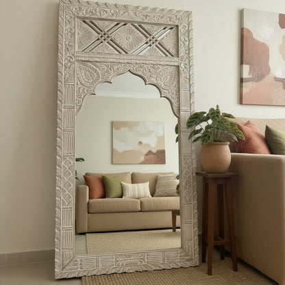 Hand Carved Wooden Mirror 'Sekarupa' - White Wash - 180 x 90 cm