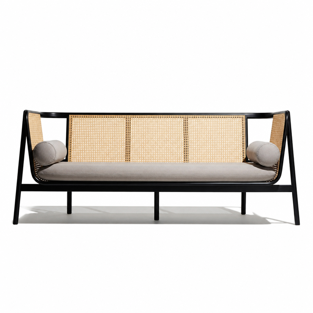 3-Seat Sofa 'Hem' - Black & Natural Rattan