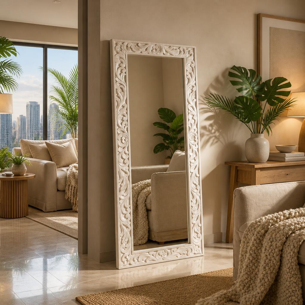 Hand Carved Wooden Mirror "Asmara" in White - 150 cm