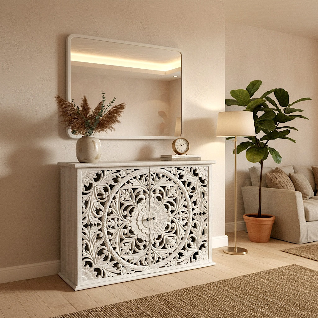 Hand-Carved Wooden Sideboard “Calyta” – White Wash Finish – 125 cm