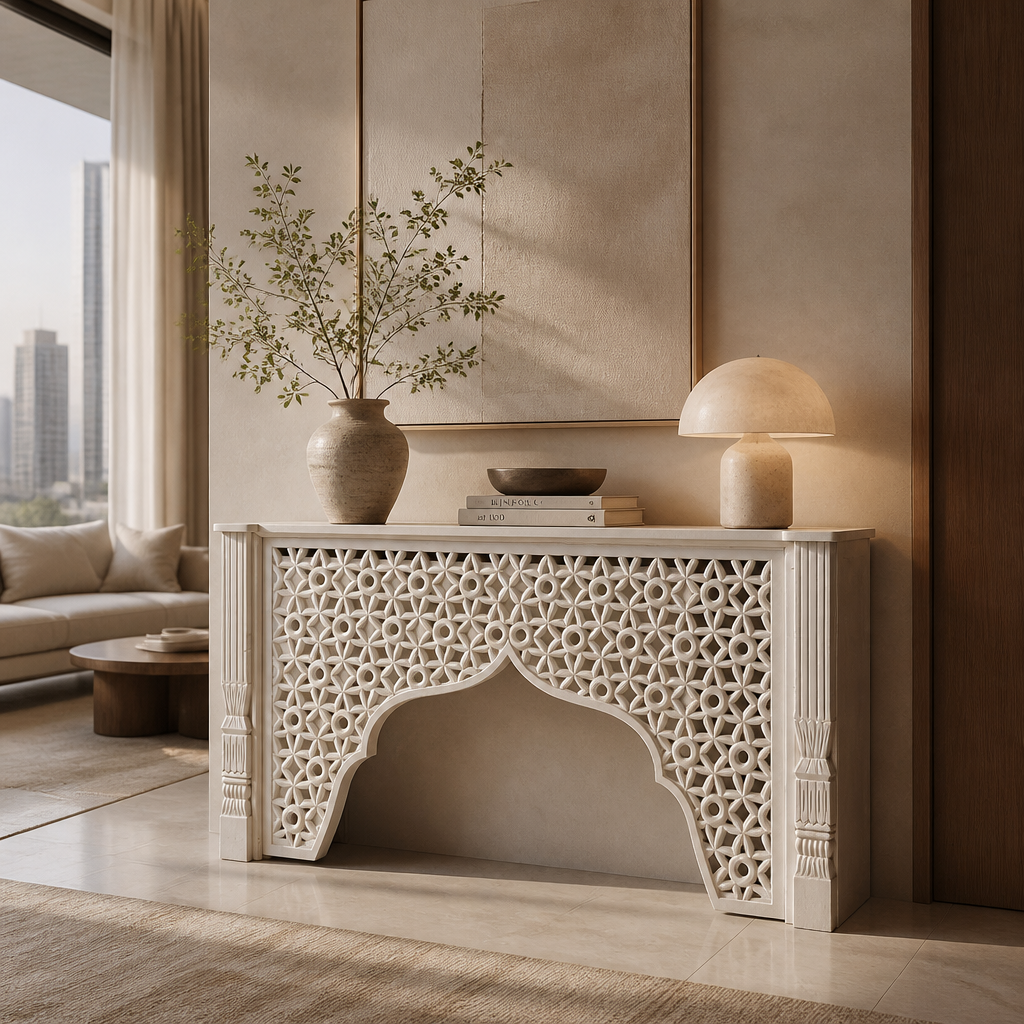 Wooden Carved Console Table "Damai" - White Wash