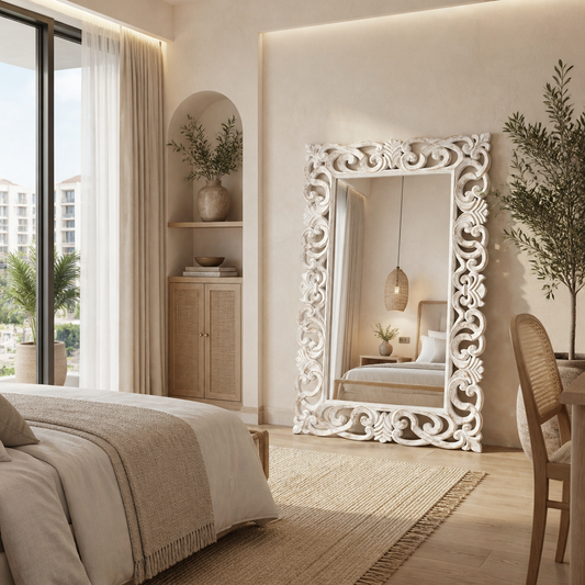 Hand-Carved Mirror “Bimasakti” – White Wash – 150 x 100 cm