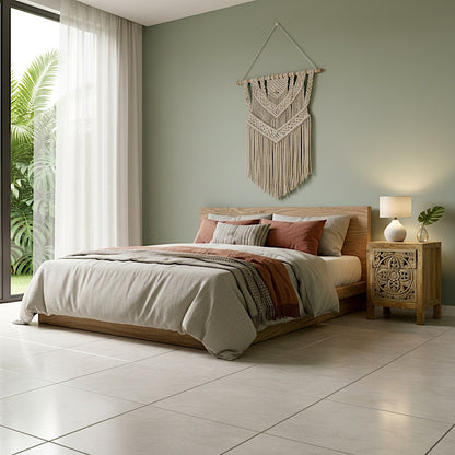 Wooden Carved Bedside Table 'Amed' - Natural Wood