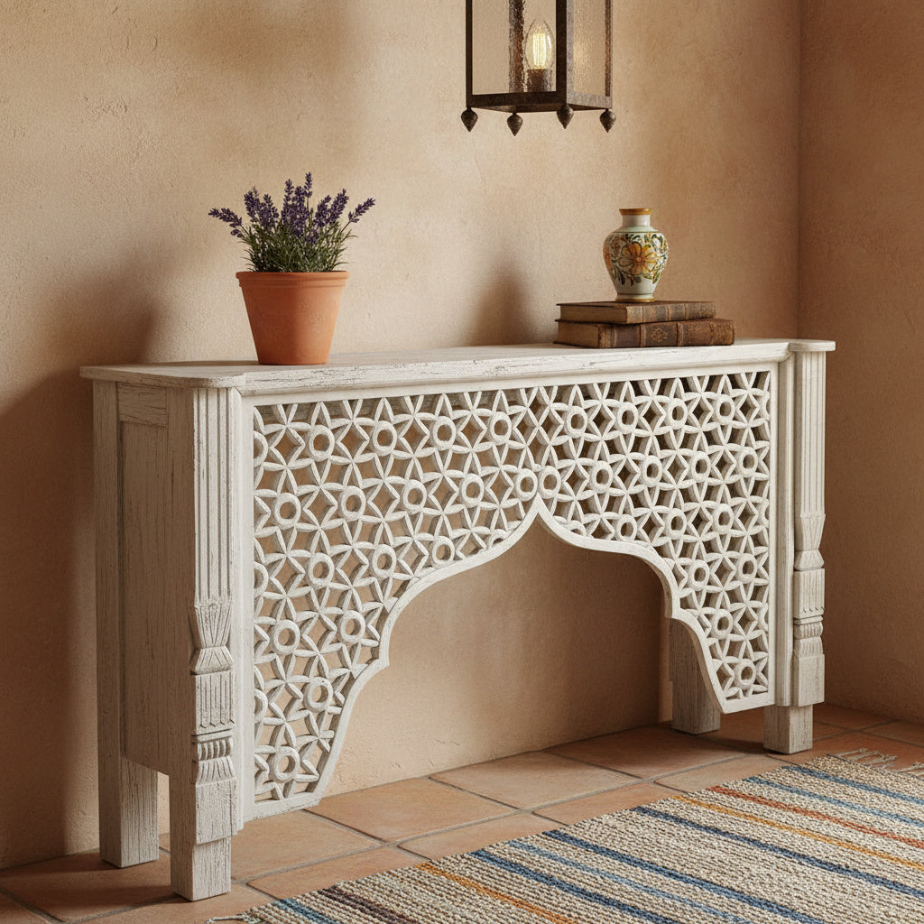 Wooden Carved Console Table "Damai" - White Wash