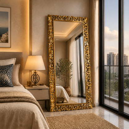 Hand Carved Mirror "Cempaka" Gold Antique Wash - 180 x 80 cm