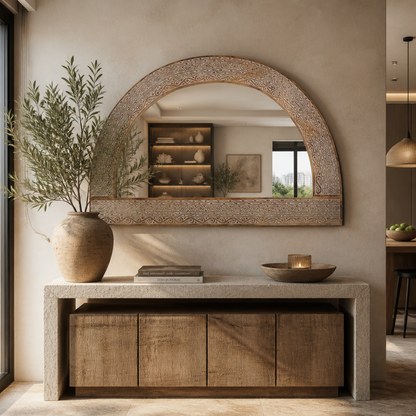 Wooden Carved Mirror Arch "Aruni"  - Natural Wash - 140 x 90 cm