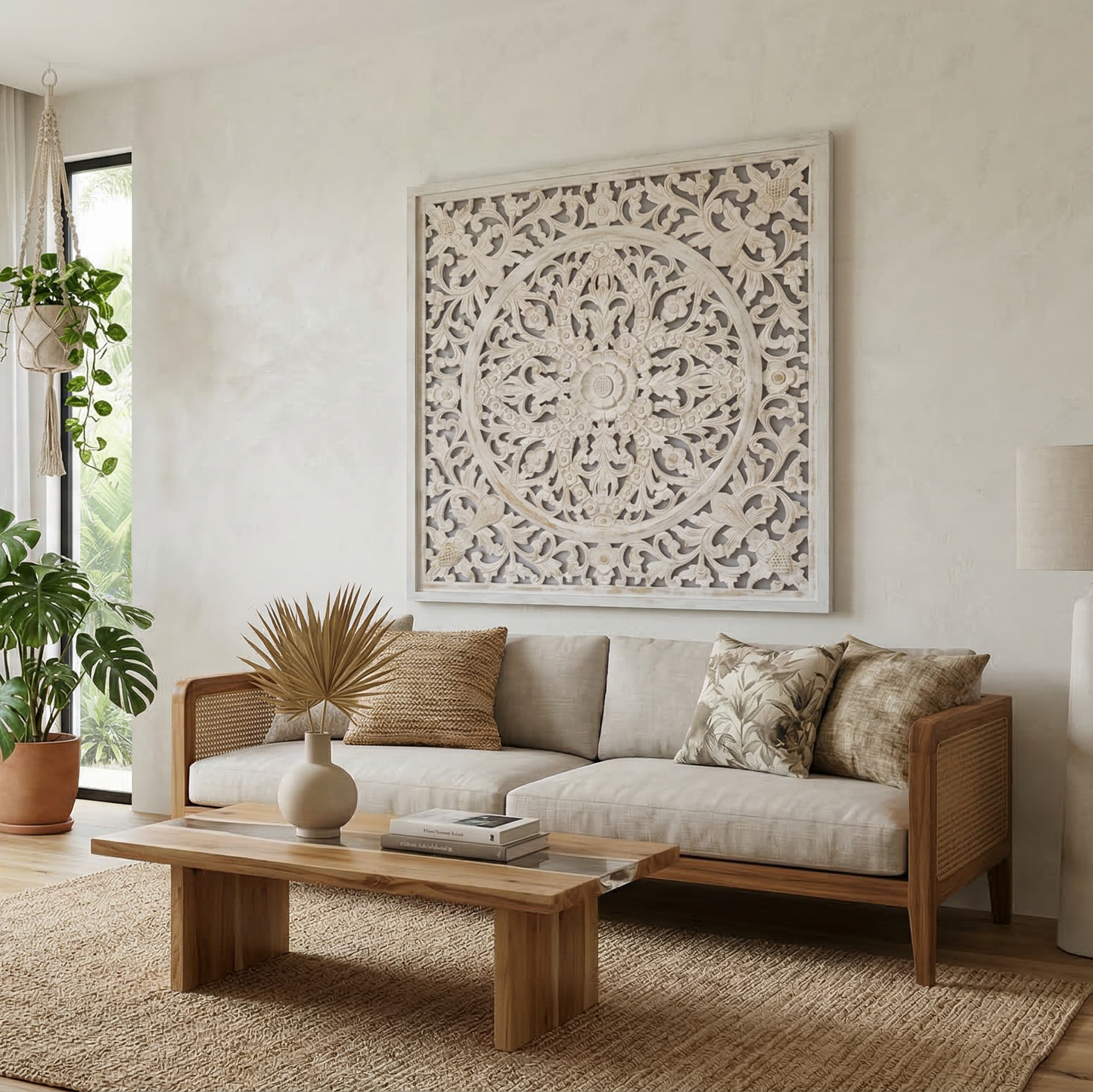Carved Decorative Panel "Ceningan" - White Wash - 100 x 100 cm
