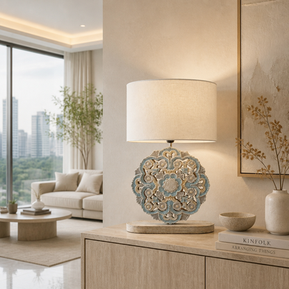 Carved Table Lamp 'Diya' - Pastel Blue
