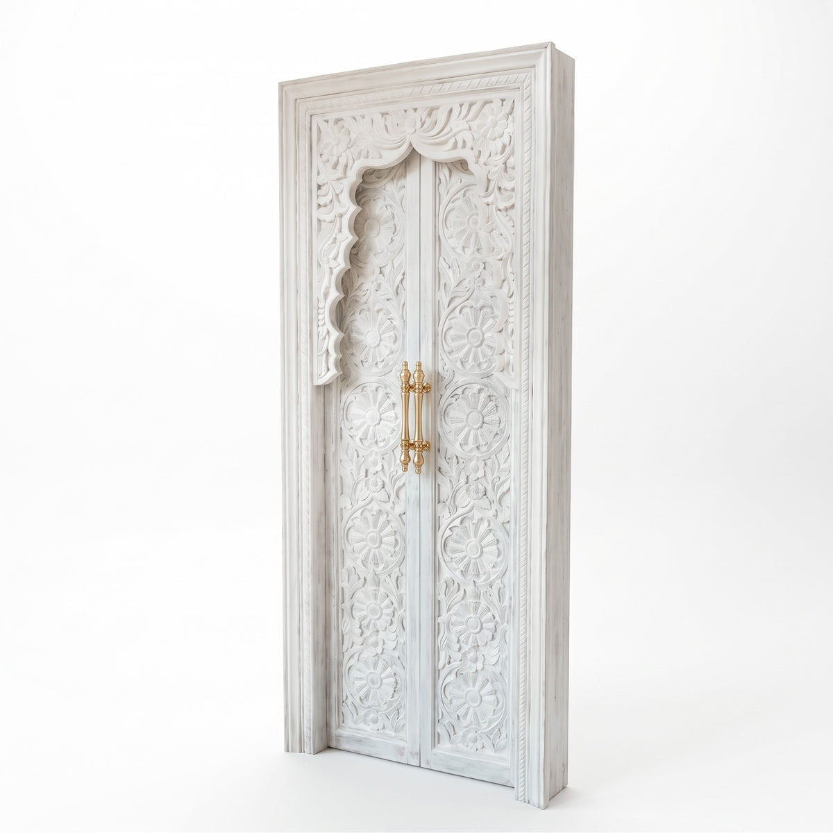 Teak Wooden Hand Carved Door 'Sindhu' in White Wash - 213 x 90 cm